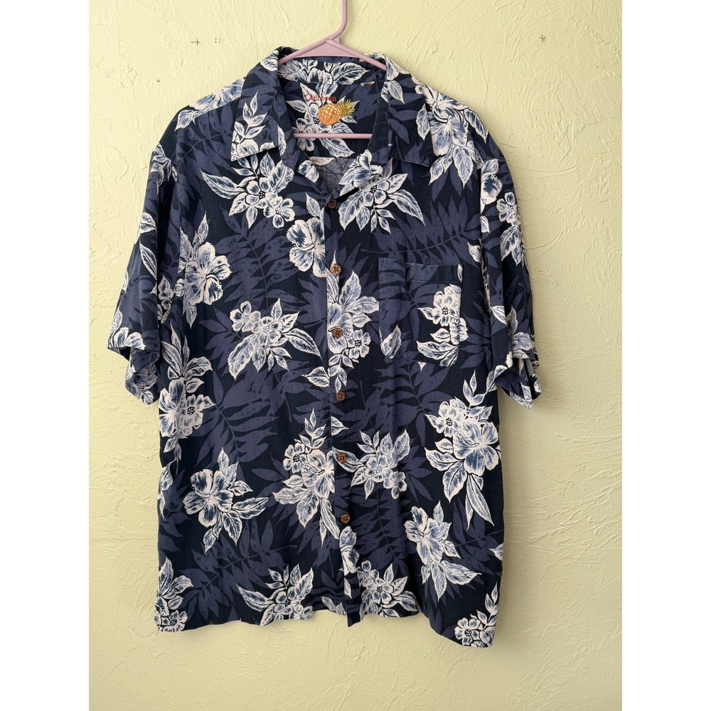 Caribbean Mens Hawaiian‎ Shirt Navy Blue Floral Hibiscus Print Button Down XL